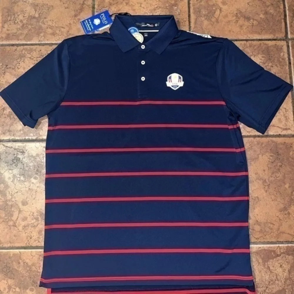 New MENS L BLUE/RED STRIPED RALPH LAUREN RLX 2020 RYDER CUP USA POLO SHIRT